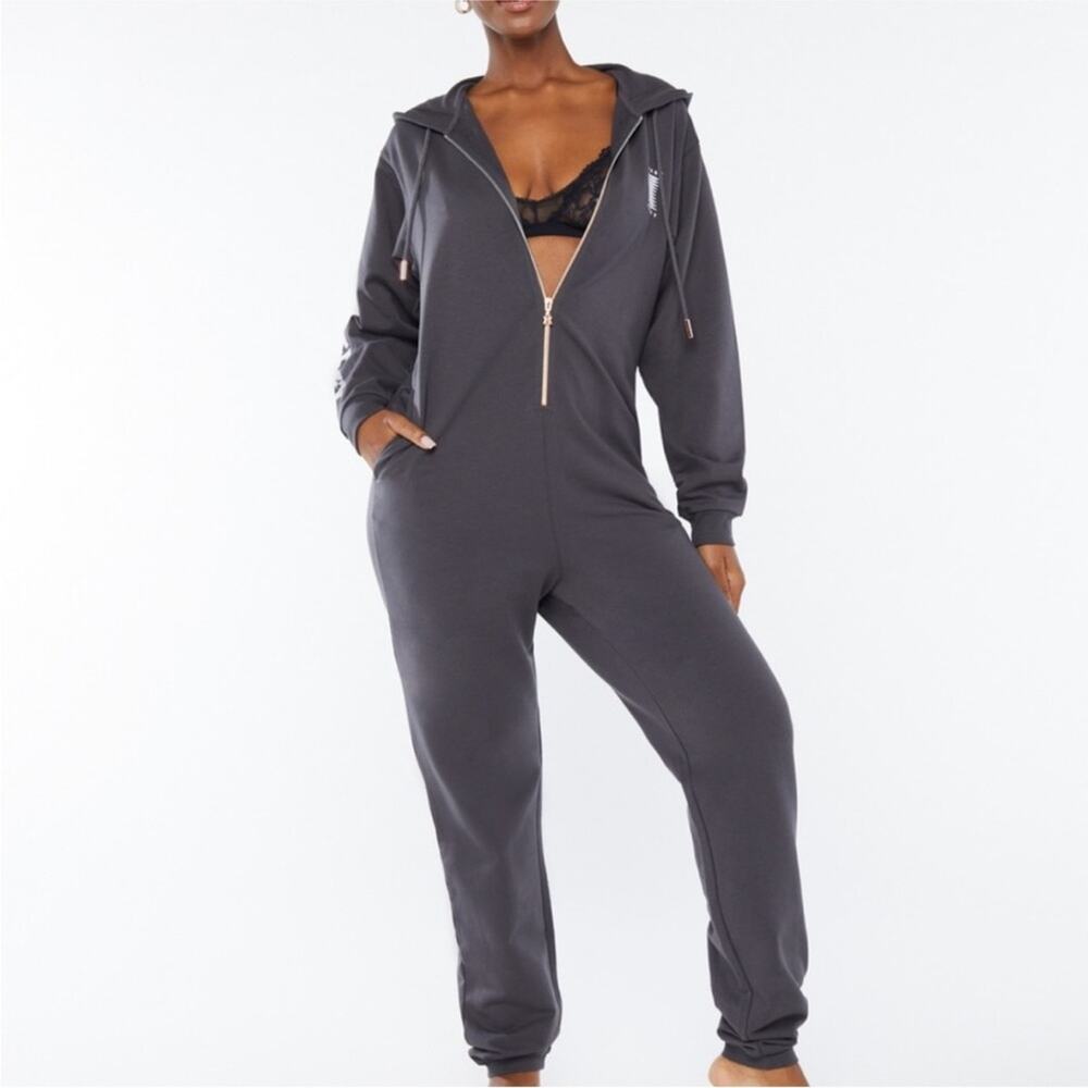 Savage X Fenty Gray Forever Showgirl Hooded One piece Jumpsuit Lounge Pajamas L - Picture 3 of 13